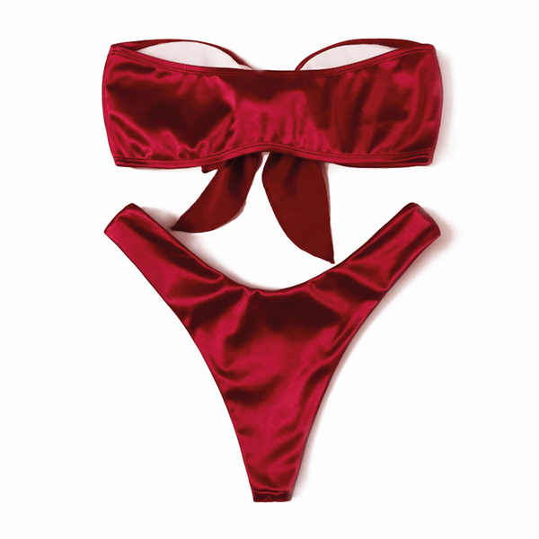 SATIN SILK BERRY// TIE UP BANDEAU BIKINI SET