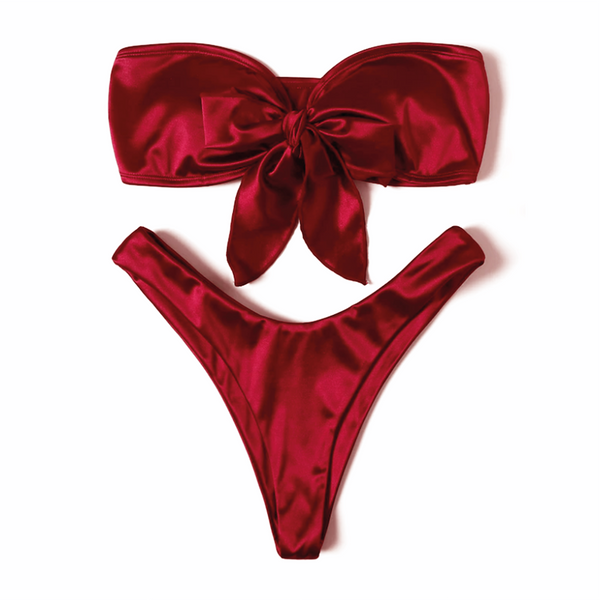 SATIN SILK BERRY// TIE UP BANDEAU BIKINI SET