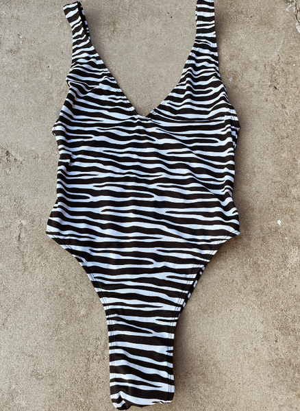 Bond Mono black and white zebra print one piece, plunging front and scoop back with high leg
